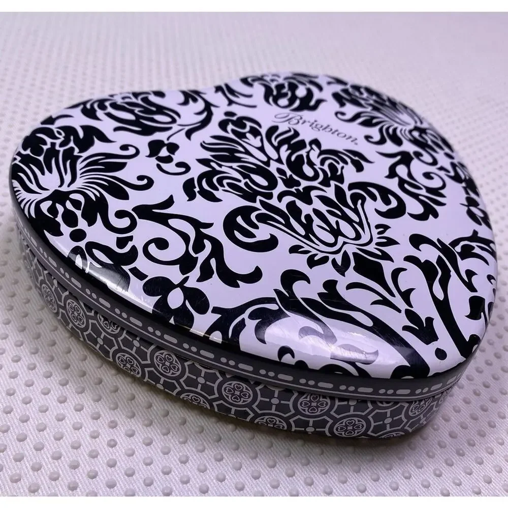 Brighton Heart Shaped Metal Tin Box Black & White Jewelry Trinket Case With Lid